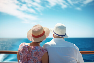 Beautiful retired senior couple enjoying cruise vacation. Senior man and woman having fun on a cruise ship. Old man and old lady travelling by sea.