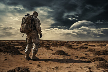 a brooding soldier taken from behind, a soldier standing on a barren land