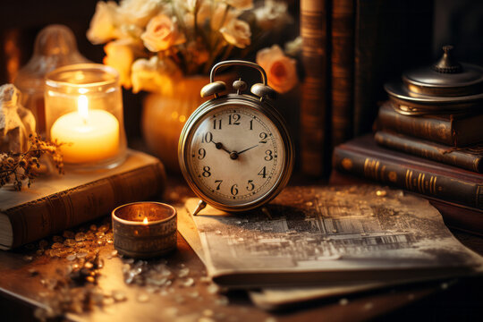 Old style retro vintage still life background. Quite evening table with antique clock candles and books, nostalgia concept
