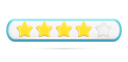 Realistic 3d rating feedback with 4 golden stars and deepening of one gray. Customer 3d quality review, user rating, feedback score, five-point scale. Vector illustration isolated on white background