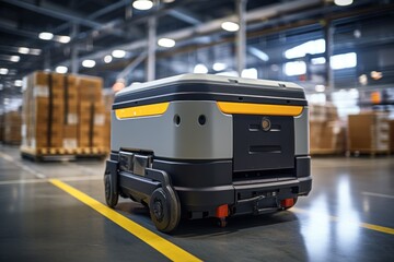 AGV (Automated guided vehicle) in warehouse logistic and transport. - obrazy, fototapety, plakaty