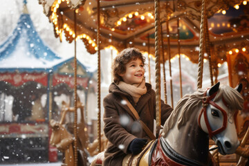 Fototapeta na wymiar Excited little child laughing and riding a carousel ride merry-go-round in amusement park during Christmas time. Family leisure with small kids in winter.