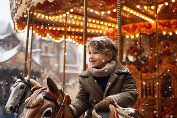 Fototapeta na wymiar Excited little child laughing and riding a carousel ride merry-go-round in amusement park during Christmas time. Family leisure with small kids in winter.