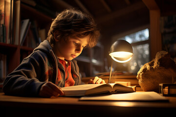 Fototapeta na wymiar Happy child reading a book in a dark library. Childhood and education at elementary school. Reading for kids.