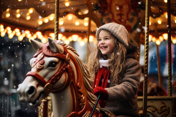 Excited little child laughing and riding a carousel ride merry-go-round in amusement park during Christmas time. Family leisure with small kids in winter.