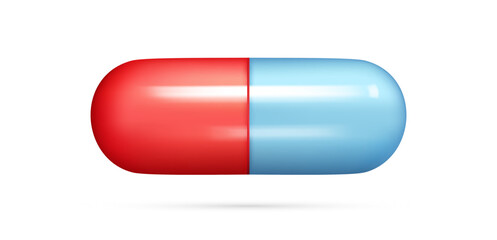Realistic 3d glossy capsule pill. Cartoon 3d cylinder blue and red tablet icon, pharmaceutical capsule, pill icon, medical drug, healthcare concept. Vector illustration isolated on white background