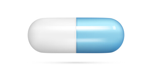 Realistic 3d glossy capsule pill. Cartoon 3d cylinder blue and white tablet icon, pharmaceutical capsule, pill icon, medical drug, healthcare concept. Vector illustration isolated on white background