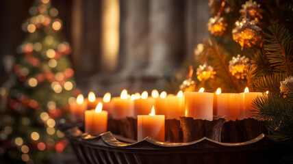 Lots of candles burning in church during Christmas time. Celebrating Christmas in church. Festive church decoration. - obrazy, fototapety, plakaty