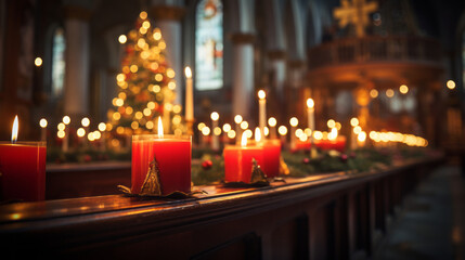 Lots of candles burning in church during Christmas time. Celebrating Christmas in church. Festive church decoration.