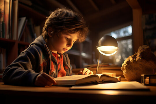 Happy child reading a book in a dark library. Childhood and education at elementary school. Reading for kids.