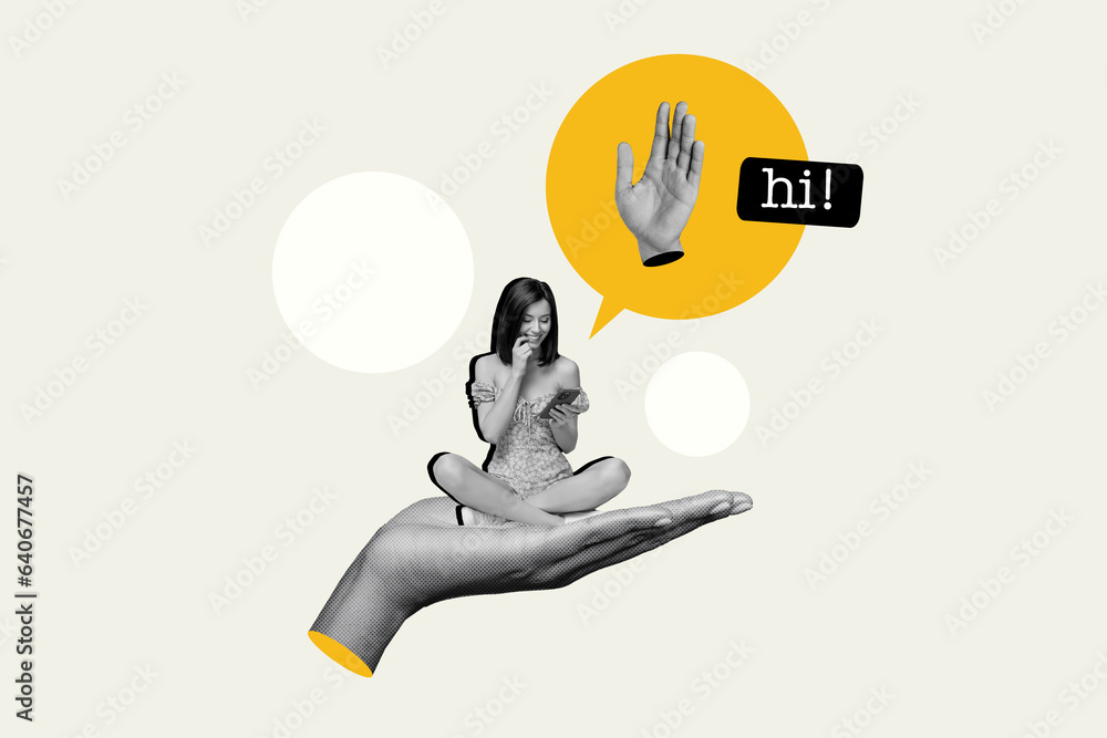 Aufkleber illustration collage of young cute girl text send message greetings hello palm social media online n