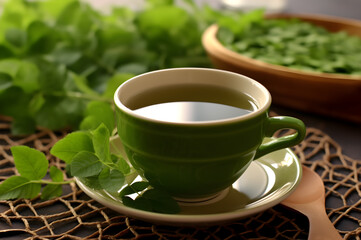 Cup with moringa tea and leaves of moringa plant on a table
