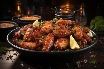 Tuinposter Spicy hot homemade buffalo wings on a plate. Hot chicken wings served with a dip. © MNStudio