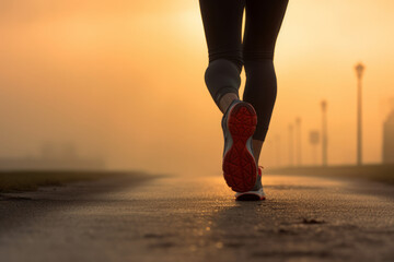 Close up on legs of a woman running on foggy morning after the rain. Runners legs on a sunrise.