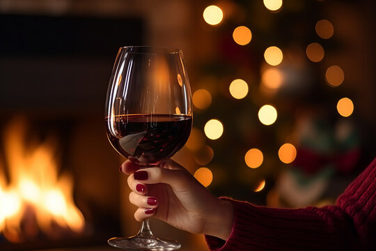 Drinking a glass of red wine in front of fireplace. Relaxing by the fire in cozy living room on winter day. Celebrating Christmas at home.