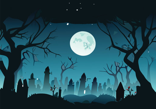 vector halloween background with old cemetery gravestones spooky leafless trees full moon on night sky