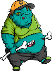 Cartoon fat zombie holding two human bone isolated on white background
