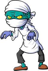 Spooky zombie doctor cartoon character on white background