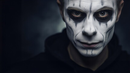 man with spooky white ghost halloween black and white makeup isolated on dark background with text copy space