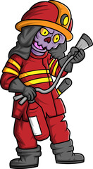 Spooky zombie firefighting cartoon character on white background