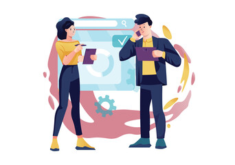 Teamwork concept with people scene in the flat cartoon style. Colleagues work diligently together on the task that management has set before them. Vector illustration.