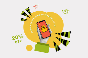Collage composite of hand holding smartphone device touchscreen summer sale discount online 20...