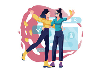 Happy people concept with people scene in the flat cartoon design. Two friends have fun together and exchange information from the Internet. Vector illustration.