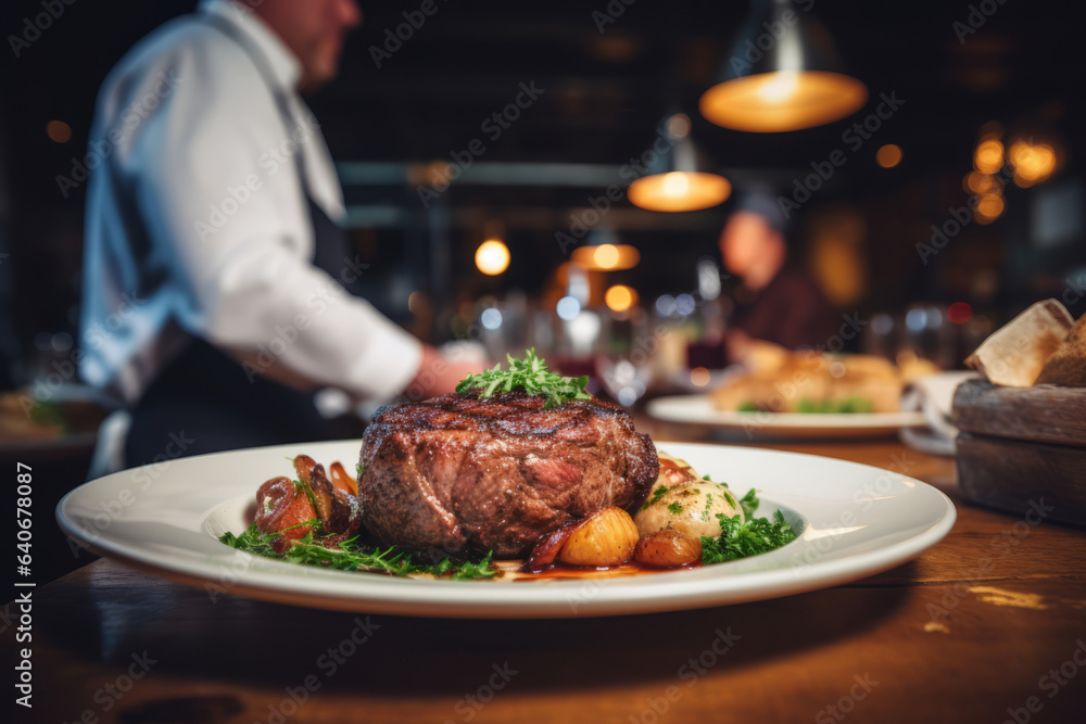 Wall mural waiter holding a plate with grilled beef steak with roasted vegetables on a side. serving fancy food