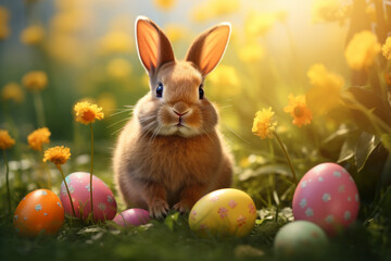 Fototapeta na wymiar Fluffy cute Easter rabbit sitting among flowers and colourful Easter eggs.