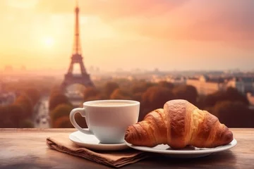 Papier Peint photo Paris Cup of coffee with croissants against parisian background.