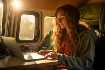 Beautiful young digital nomad using a laptop computer in camper van on sunny day. Woman working remotely with her laptop. Digital nomadic life.