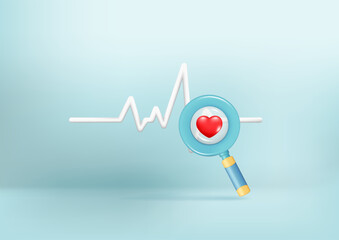 Realistic 3d red heart with white pulse line, heartbeat, magnifying glass. 3d cardiogram, cardio sign, diagnostic health, pulse beat measure, medical healthcare. Vector illustration on blue background
