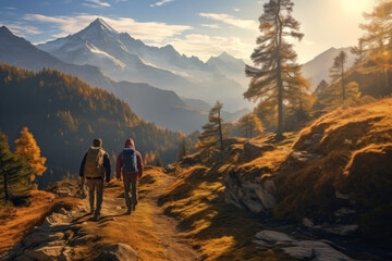Obraz premium Group of male hikers admiring a scenic view from a mountain top. Adventurous young men with backpacks. Hiking and trekking on a nature trail. Traveling by foot.
