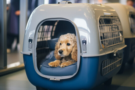 Small dog in a dog carrier in international airport. Transporting pets in airplane cargo.