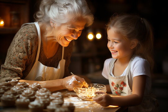 Grandmother is baking christmas cookies with child, winter holiday, homemade gingerbread, family time