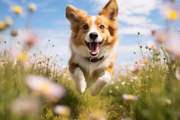 Friendly happy dog running at fast pace towards the camera in a blossoming flower meadow on sunny summer day. Walking a dog outdoors. Super wide angle shot.