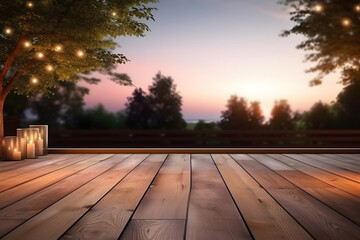 Wooden flooring and plant in garden with copy space for display of product.