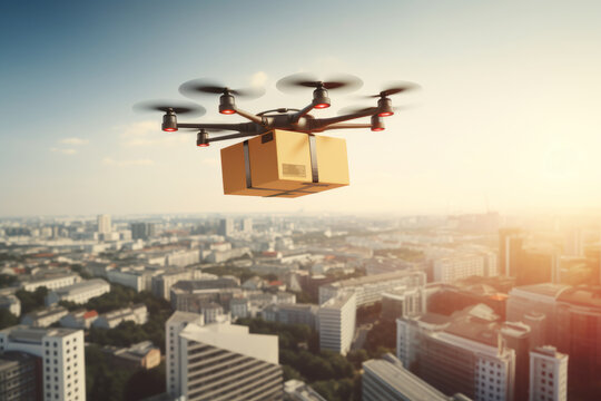 Drone Carrying A Cardboard Box. Unmanned Aircraft Robot Delivering A Parcel. City In A Background.