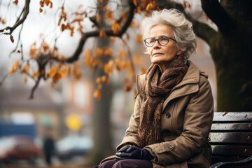 Beautiful senior lady sitting alone on a bench in city park on autumn day. Elderly woman enjoying nice fall weather.