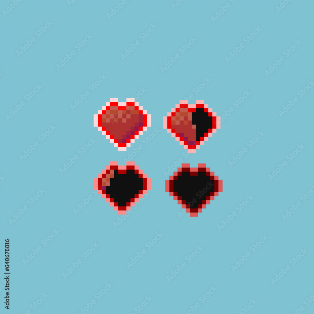 Poster Pixel art sets of frame heart from full heart to empty on pixelated style. Pixel art,8bits perfect for game asset or design asset element for your game design asset.