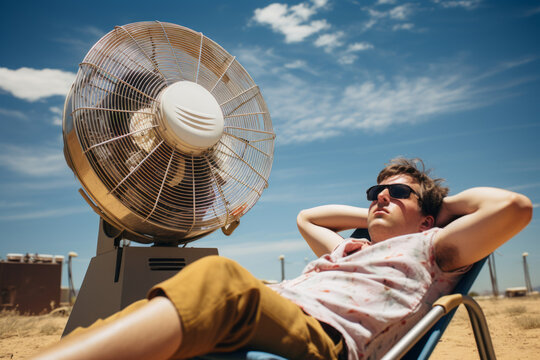 Young man laying in front of giant fan. Extremely hot weather conditions, heat wave.