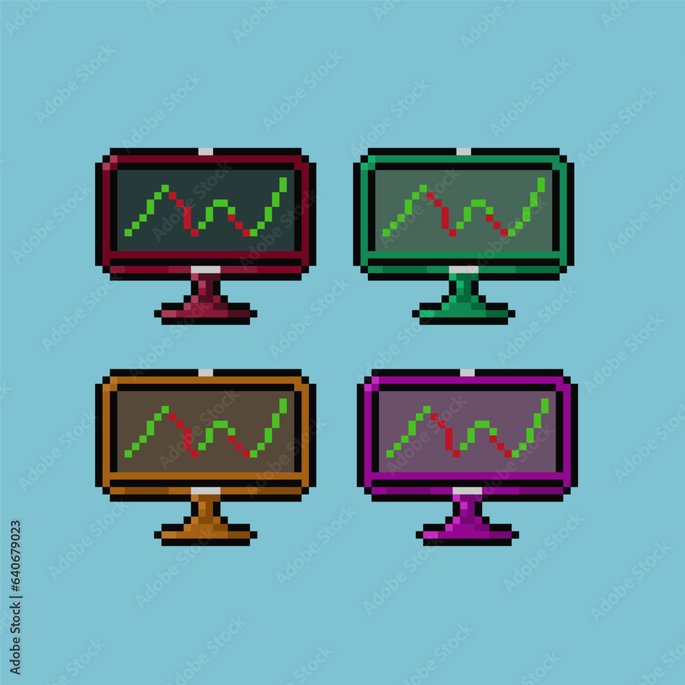 Fototapete pixel art sets of personal computer business graph on the screen with pixelated style. pixel art,8bi