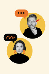 Vertical composite creative illustration 3d photo collage of funny people talking rumors in chat...