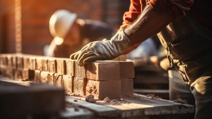 Closeup of bricklayer hands laying brick wall of house