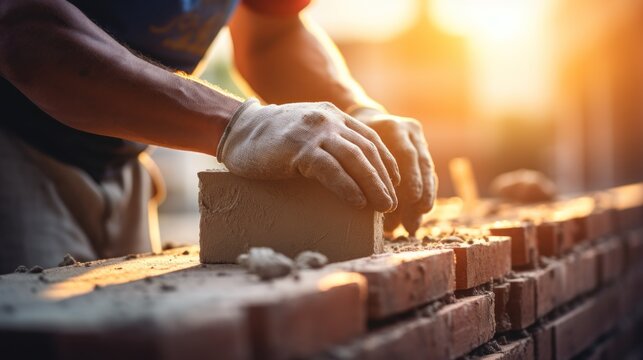 Closeup of bricklayer hands laying brick wall of house