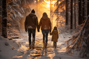 Family with kids walking in the woods in wintertime. Beautiful sunset in snowy winter forest. Spending quality time together, active leisure for family with kids.