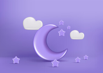 Realistic 3d blue glossy Moon with stars and white clouds. Decorative 3d half month symbol, crescent icon, cute dream cartoon element. Abstract vector illustration isolated on blue violet background