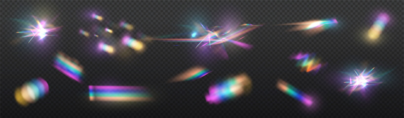 Colorful vector lenses and light flares with transparent effects. Iridescent crystal leak glare reflection effect. Optical rainbow lights, glare, leak, streak overlay. vector falling confetti. - obrazy, fototapety, plakaty