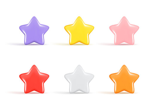 Set of realistic 3d colorful glossy stars. Decorative 3d design of winner emblem, icon symbol of victory, cute star icon, cartoon element. Abstract vector illustration isolated on a white background
