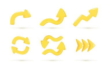 Set of realistic 3d yellow glossy arrows. Different shape of pointer 3d icon. Cartoon collection of pointer arrow. Abstract vector illustration isolated on white background